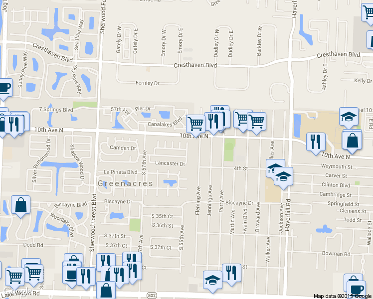 map of restaurants, bars, coffee shops, grocery stores, and more near 89 Lancaster Drive in Greenacres