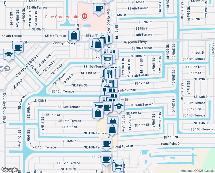 map of restaurants, bars, coffee shops, grocery stores, and more near 1127 Del Prado Boulevard South in Cape Coral