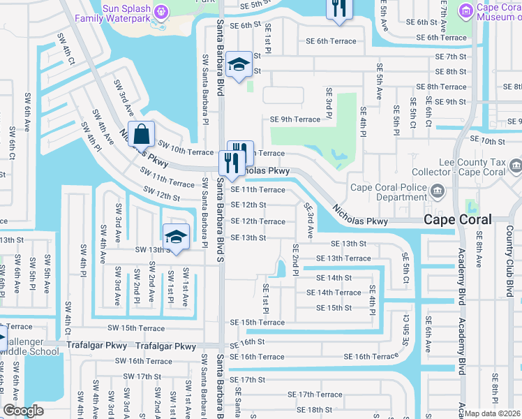 map of restaurants, bars, coffee shops, grocery stores, and more near 134 Southeast 11th Terrace in Cape Coral