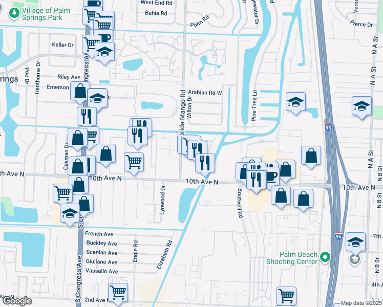 map of restaurants, bars, coffee shops, grocery stores, and more near 2366 Waterside Drive in Lake Worth