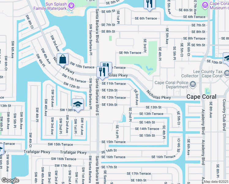 map of restaurants, bars, coffee shops, grocery stores, and more near 134 Southeast 11th Terrace in Cape Coral