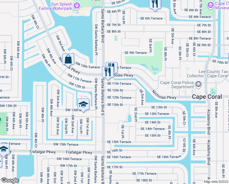 map of restaurants, bars, coffee shops, grocery stores, and more near 134 Southeast 11th Terrace in Cape Coral