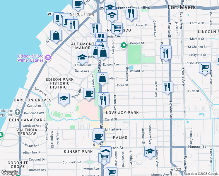 map of restaurants, bars, coffee shops, grocery stores, and more near 2536 Dixie Parkway in Fort Myers