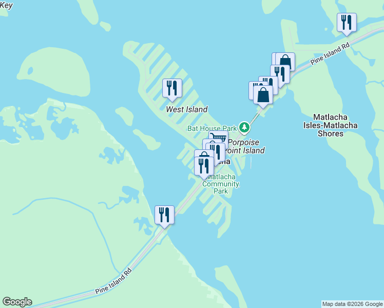 map of restaurants, bars, coffee shops, grocery stores, and more near 11505 May Street in Matlacha