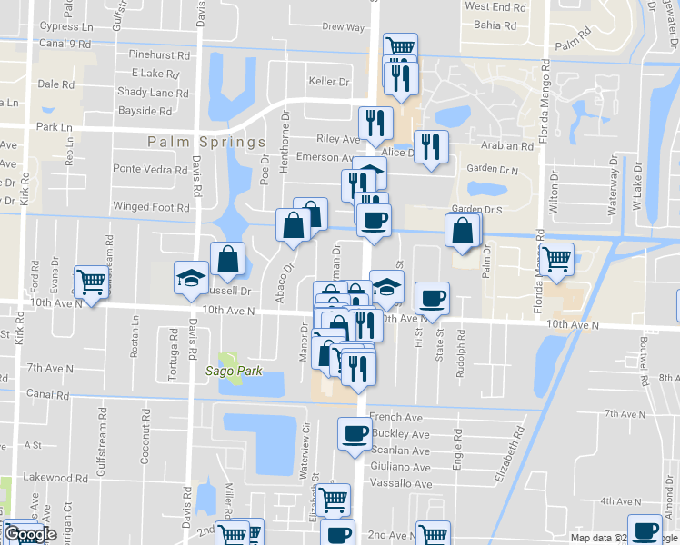 map of restaurants, bars, coffee shops, grocery stores, and more near 128 Cayman Drive in Lake Worth
