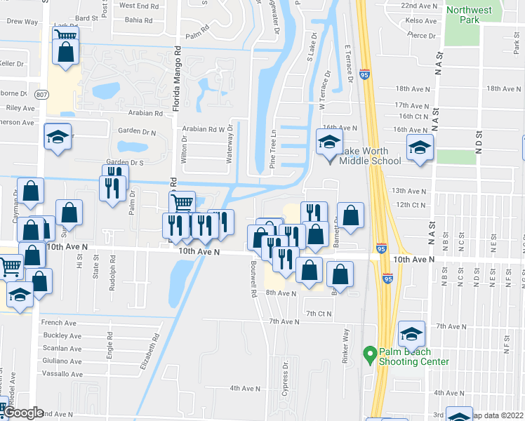 map of restaurants, bars, coffee shops, grocery stores, and more near Sepia Ln in Lake Worth