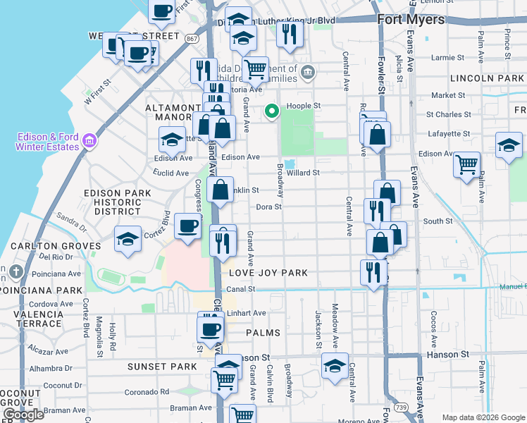 map of restaurants, bars, coffee shops, grocery stores, and more near 2113 Dora Street in Fort Myers