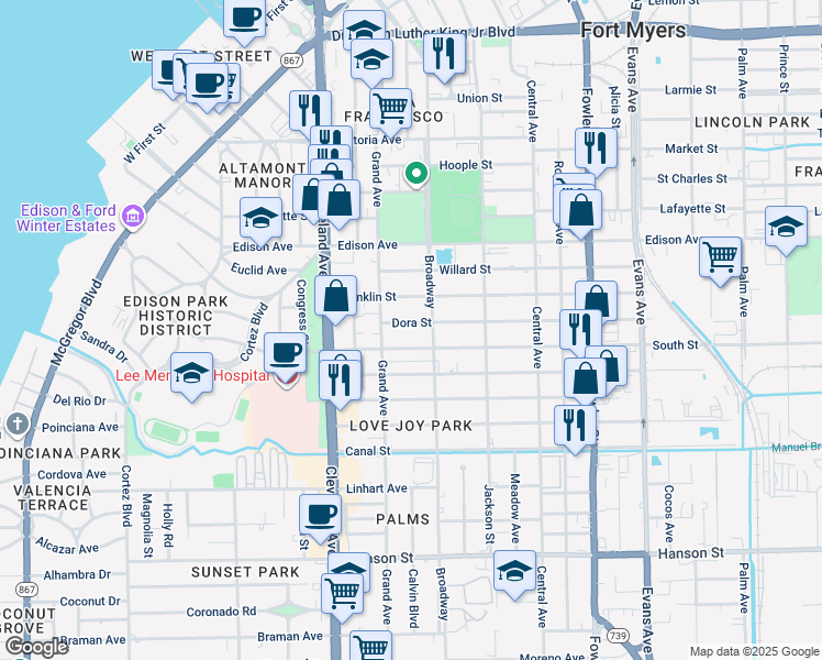 map of restaurants, bars, coffee shops, grocery stores, and more near 2524 Broadway in Fort Myers