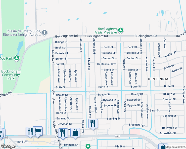 map of restaurants, bars, coffee shops, grocery stores, and more near 1038 Albert Avenue in Lehigh Acres