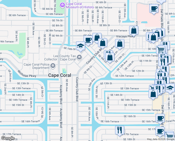 map of restaurants, bars, coffee shops, grocery stores, and more near 1116 Southeast 9th Court in Cape Coral