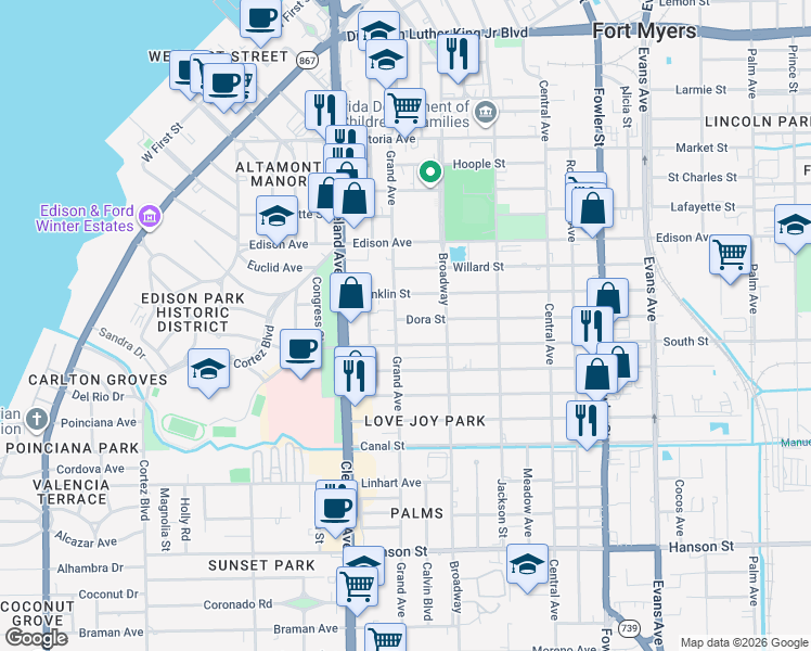 map of restaurants, bars, coffee shops, grocery stores, and more near 2113 Dora Street in Fort Myers
