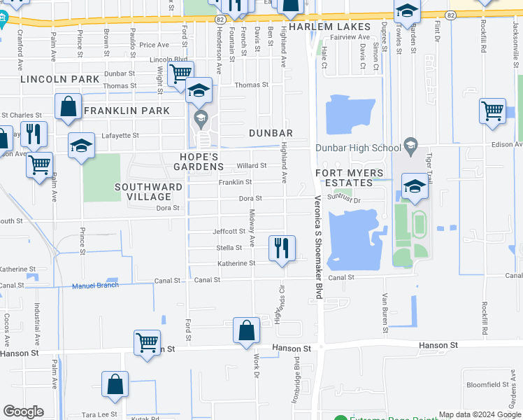 map of restaurants, bars, coffee shops, grocery stores, and more near 3432 Dora Street in Fort Myers
