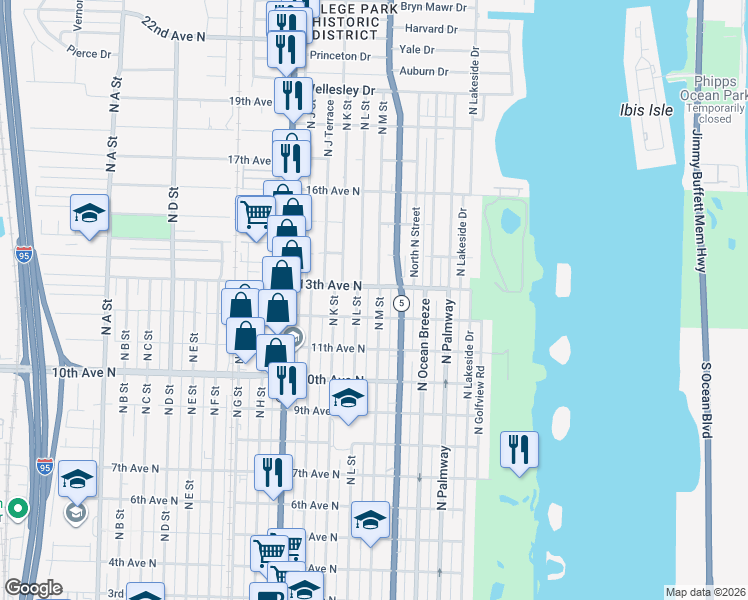 map of restaurants, bars, coffee shops, grocery stores, and more near 1232 North L Street in Lake Worth