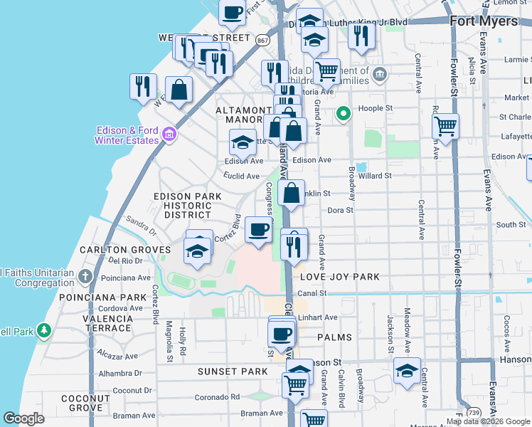map of restaurants, bars, coffee shops, grocery stores, and more near 2524 Congress Street in Fort Myers