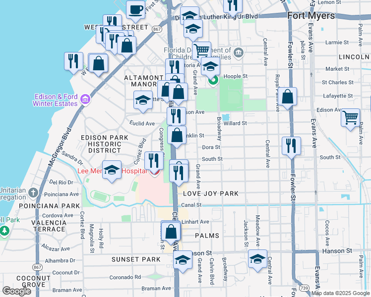 map of restaurants, bars, coffee shops, grocery stores, and more near 2536 Dixie Parkway in Fort Myers