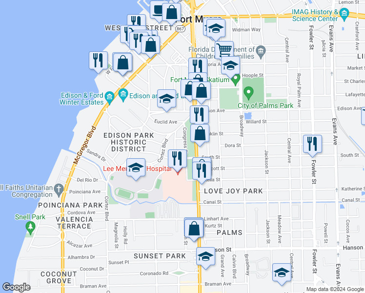 map of restaurants, bars, coffee shops, grocery stores, and more near 2550 Cleveland Avenue in Fort Myers