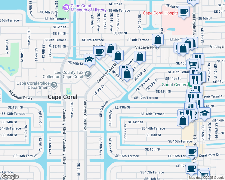 map of restaurants, bars, coffee shops, grocery stores, and more near 1034 Southeast 10th Street in Cape Coral