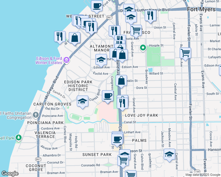map of restaurants, bars, coffee shops, grocery stores, and more near 2524 Congress Street in Fort Myers