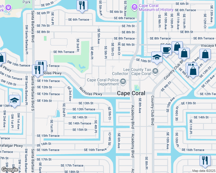 map of restaurants, bars, coffee shops, grocery stores, and more near 1114 Southeast 5th Place in Cape Coral