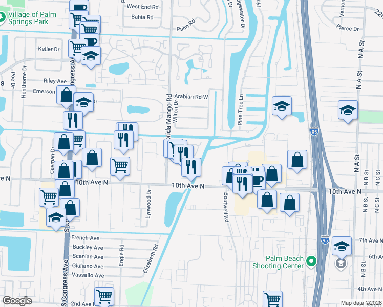 map of restaurants, bars, coffee shops, grocery stores, and more near 2310 Waterside Drive in Lake Worth