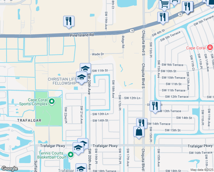 map of restaurants, bars, coffee shops, grocery stores, and more near 1129 Southwest 18th Court in Cape Coral