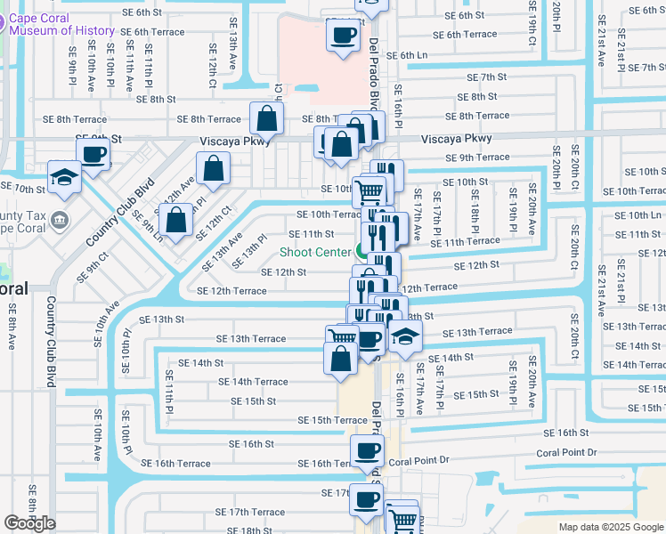 map of restaurants, bars, coffee shops, grocery stores, and more near 1420 Southeast 11th Terrace in Cape Coral