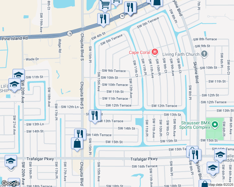 map of restaurants, bars, coffee shops, grocery stores, and more near 1221 Southwest 11th Street in Cape Coral