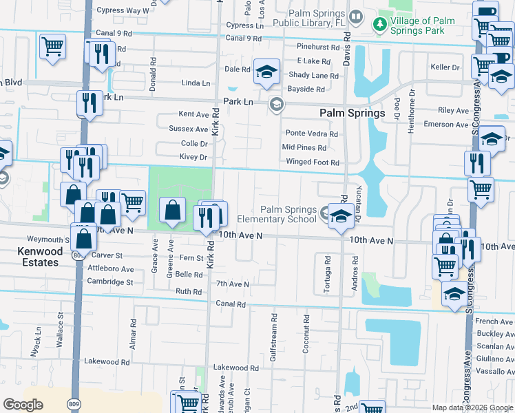 map of restaurants, bars, coffee shops, grocery stores, and more near 3121 Gulfstream Road in Lake Worth