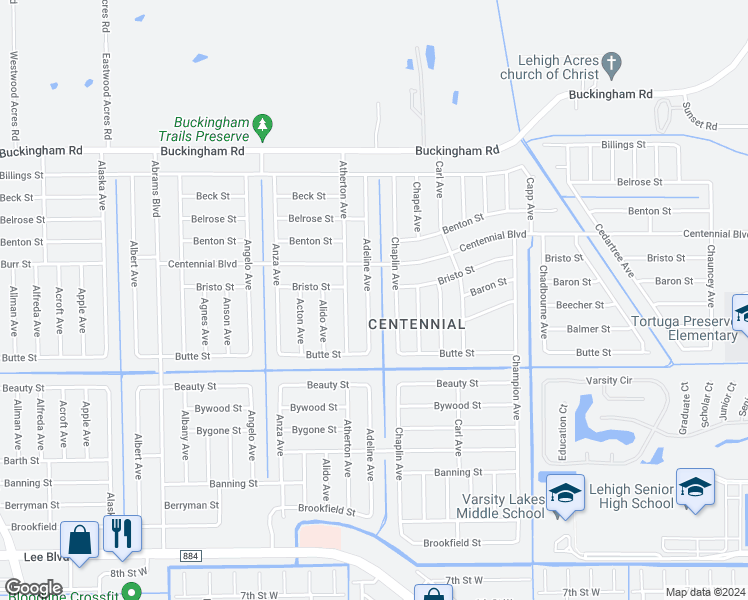 map of restaurants, bars, coffee shops, grocery stores, and more near 1020 Adeline Avenue in Lehigh Acres