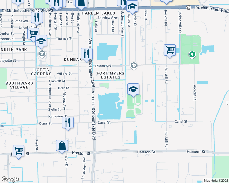 map of restaurants, bars, coffee shops, grocery stores, and more near 3724 Suntrust Drive in Fort Myers