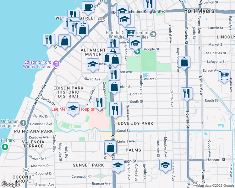 map of restaurants, bars, coffee shops, grocery stores, and more near 2536 Dixie Parkway in Fort Myers