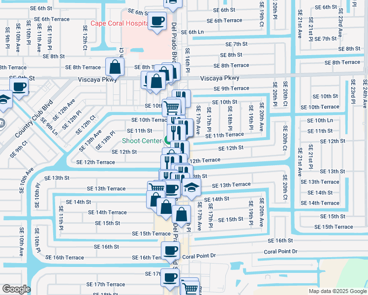 map of restaurants, bars, coffee shops, grocery stores, and more near 1127 Del Prado Boulevard South in Cape Coral