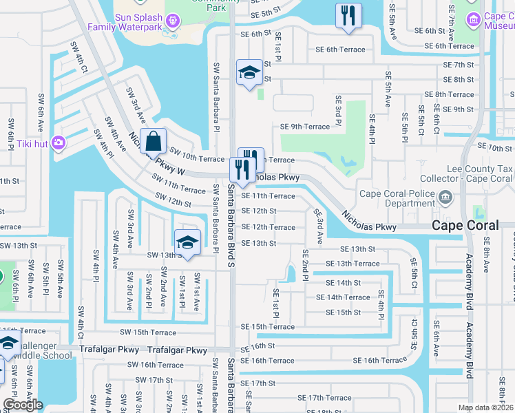 map of restaurants, bars, coffee shops, grocery stores, and more near 134 Southeast 11th Terrace in Cape Coral