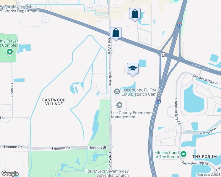 map of restaurants, bars, coffee shops, grocery stores, and more near 2525 Ortiz Avenue in Fort Myers