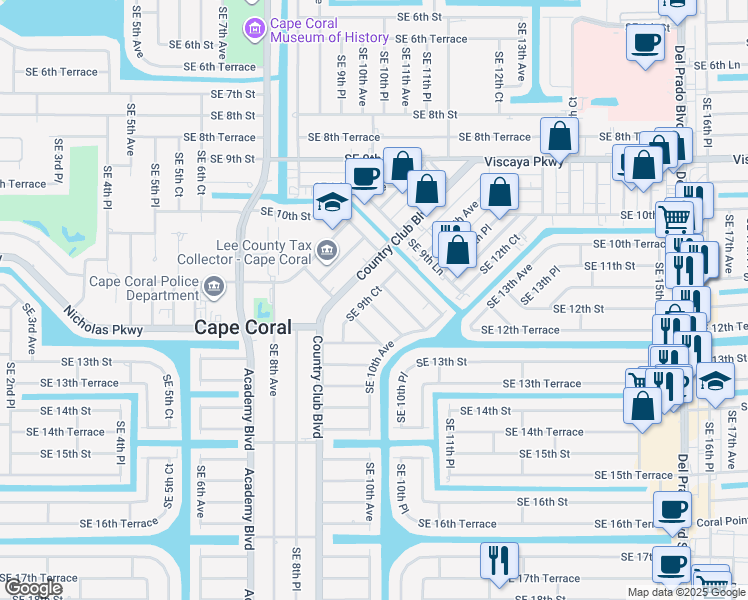 map of restaurants, bars, coffee shops, grocery stores, and more near 1111 Southeast 9th Court in Cape Coral