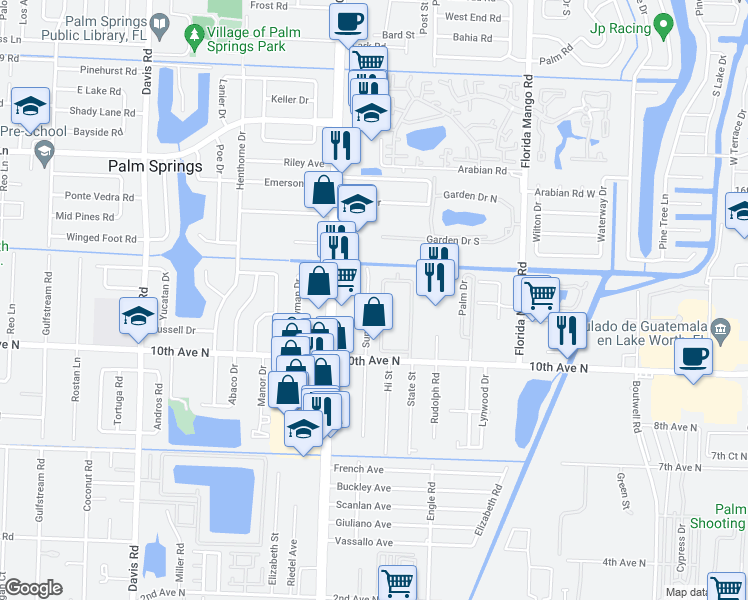 map of restaurants, bars, coffee shops, grocery stores, and more near 1100 Summer Street in Palm Springs
