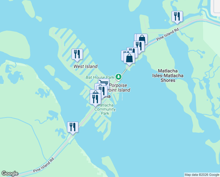 map of restaurants, bars, coffee shops, grocery stores, and more near 11051 Oyster Point Drive in Matlacha
