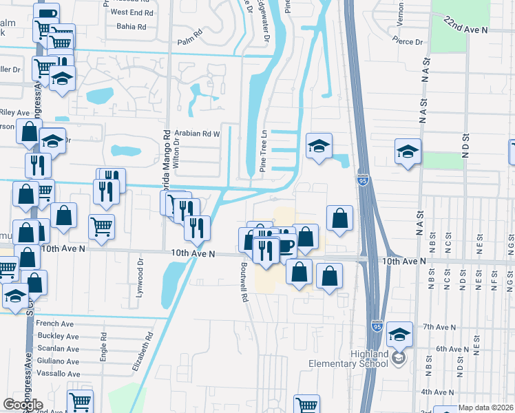 map of restaurants, bars, coffee shops, grocery stores, and more near 1122 Vermilion Drive in Lake Worth
