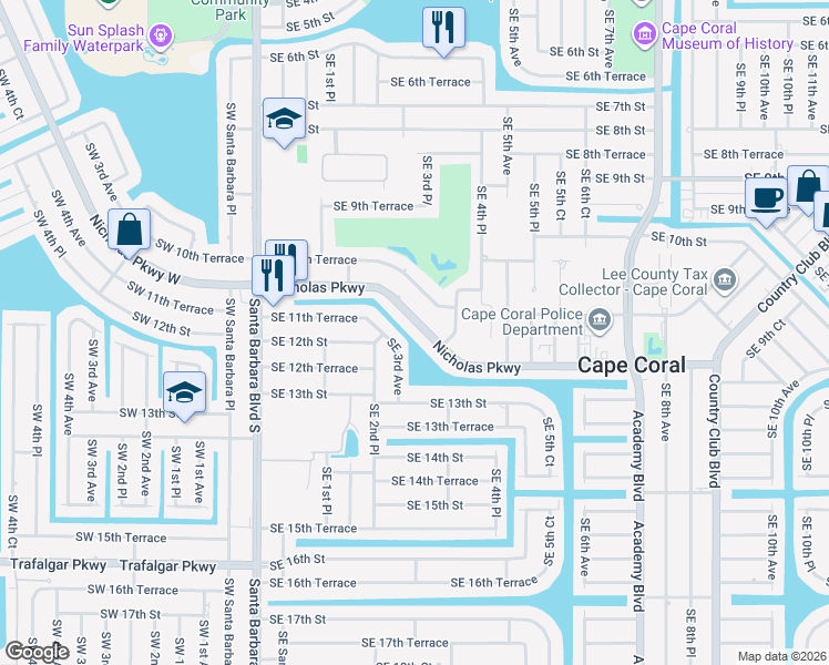map of restaurants, bars, coffee shops, grocery stores, and more near 324 Nicholas Parkway East in Cape Coral