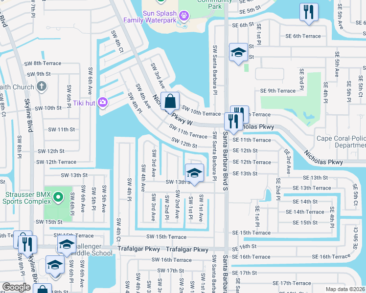 map of restaurants, bars, coffee shops, grocery stores, and more near 204 Southwest 12th Street in Cape Coral