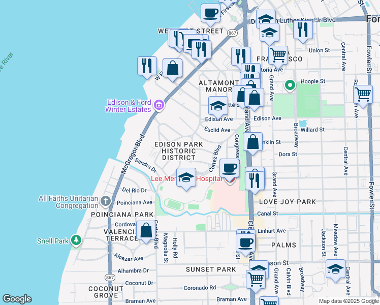 map of restaurants, bars, coffee shops, grocery stores, and more near 1742 Ardmore Road in Fort Myers