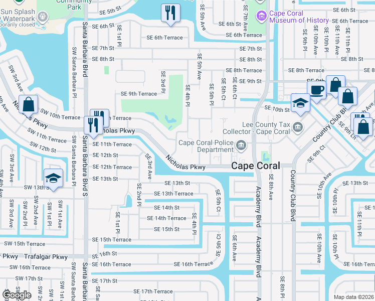 map of restaurants, bars, coffee shops, grocery stores, and more near 431 Nicholas Parkway East in Cape Coral