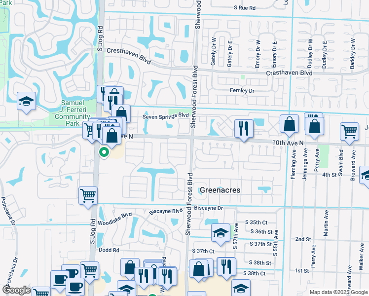 map of restaurants, bars, coffee shops, grocery stores, and more near 6070 Olivewood Circle in Greenacres