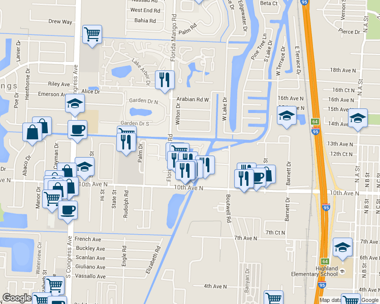 map of restaurants, bars, coffee shops, grocery stores, and more near 2366 Waterside Drive in Lake Worth