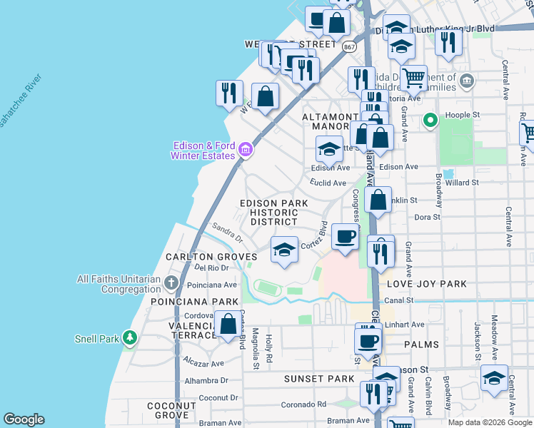 map of restaurants, bars, coffee shops, grocery stores, and more near 1669 Ardmore Road in Fort Myers