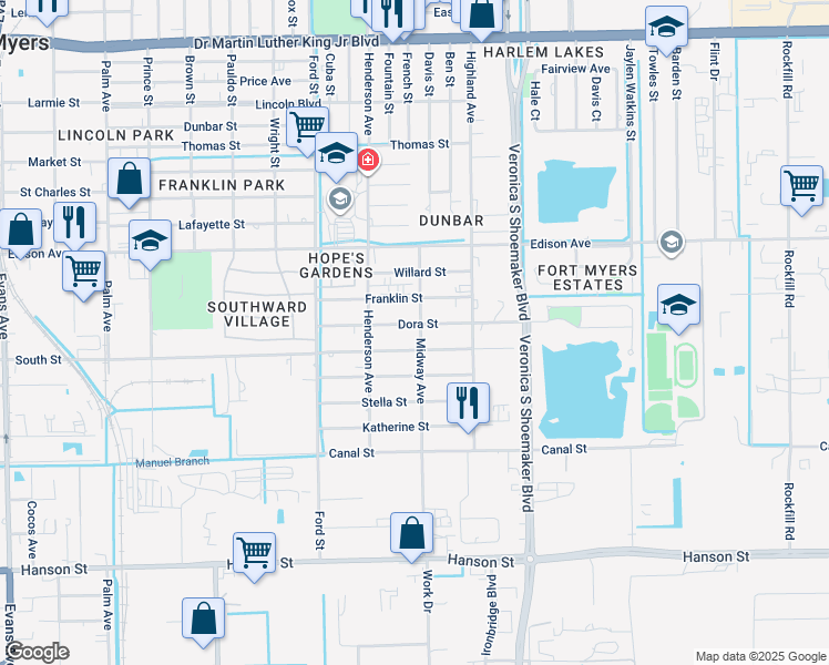 map of restaurants, bars, coffee shops, grocery stores, and more near 3348 Dora Street in Fort Myers