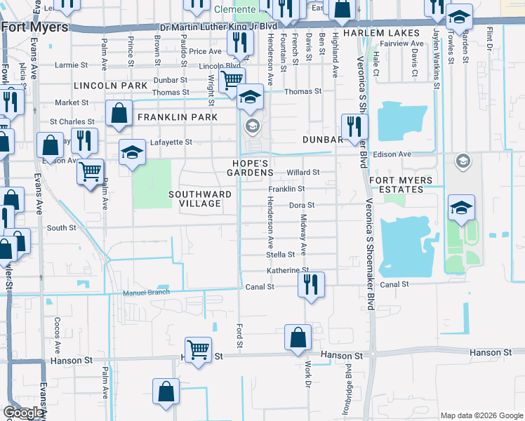 map of restaurants, bars, coffee shops, grocery stores, and more near 3304 Dora Street in Fort Myers