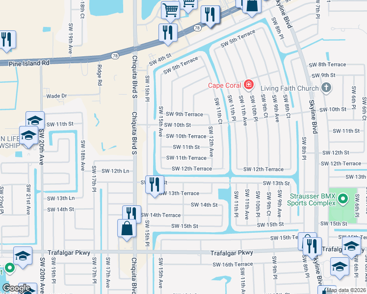 map of restaurants, bars, coffee shops, grocery stores, and more near Southwest 11th Street in Cape Coral