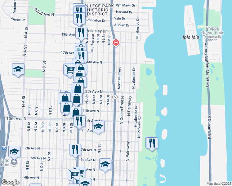 map of restaurants, bars, coffee shops, grocery stores, and more near 1252 North Federal Highway in Lake Worth