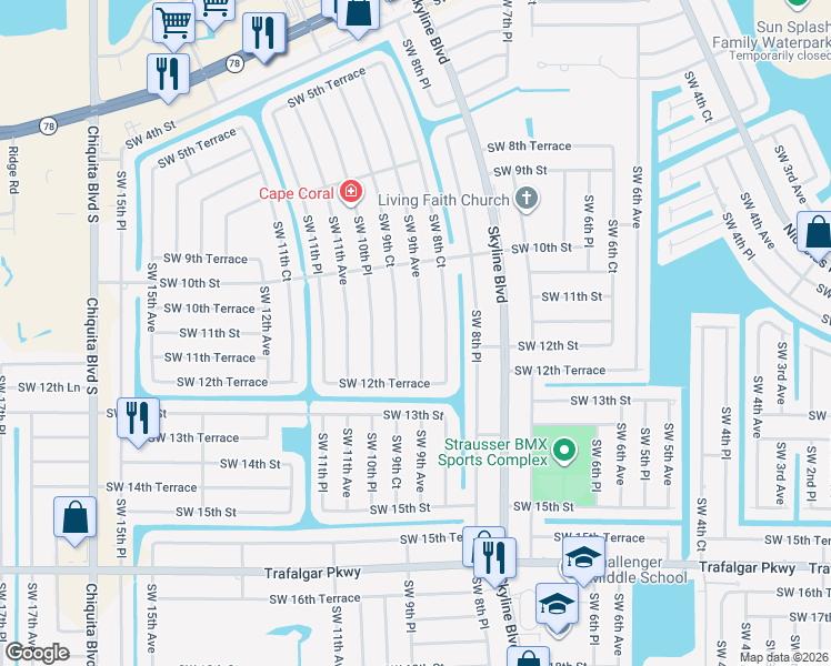 map of restaurants, bars, coffee shops, grocery stores, and more near 1112 Southwest 9th Avenue in Cape Coral